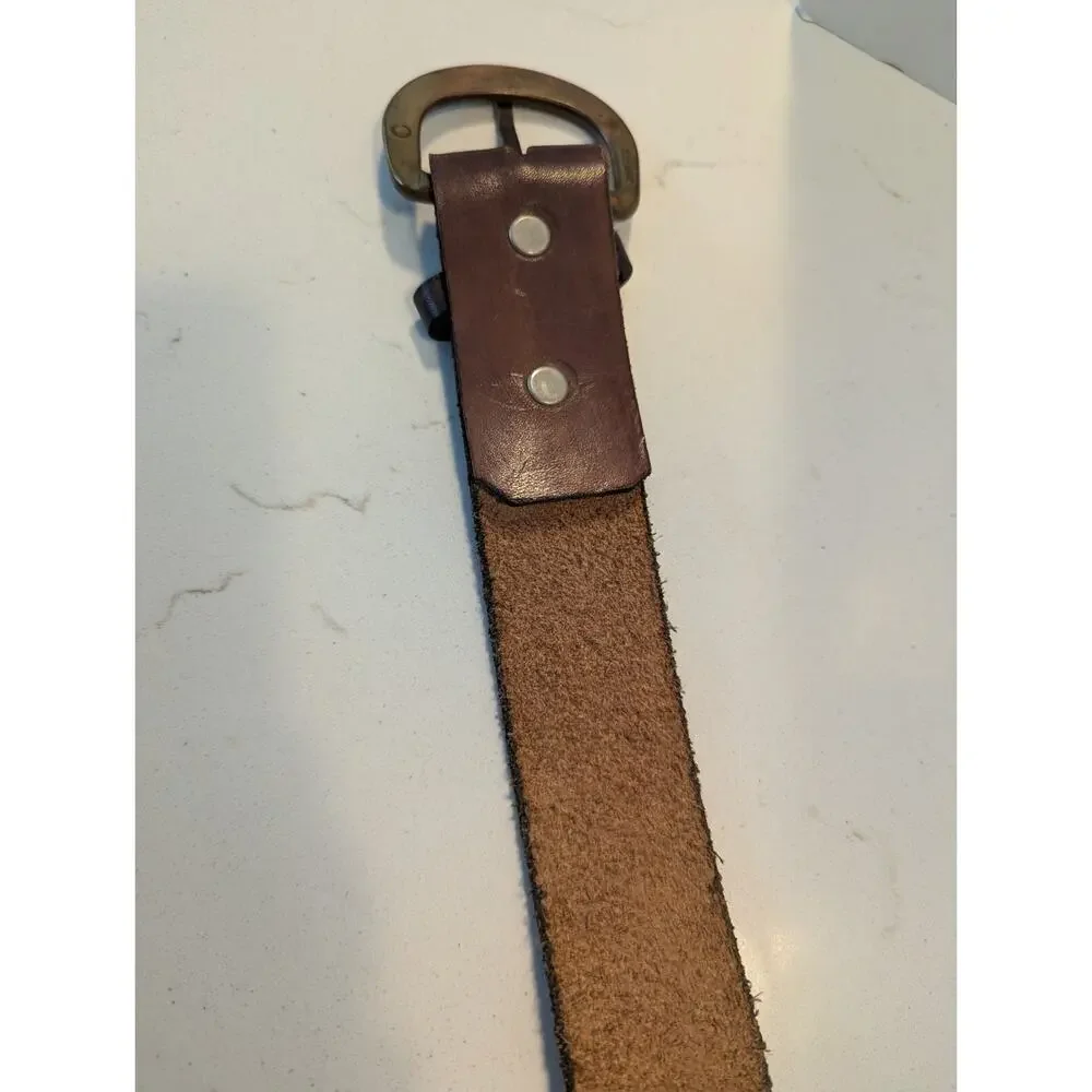 Men's Brown Leather Belt 36 Solid Brass Buckle Fish Embossed